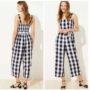 LOFT Black White Checkered Sleeveless Tie Waist Jumpsuit M